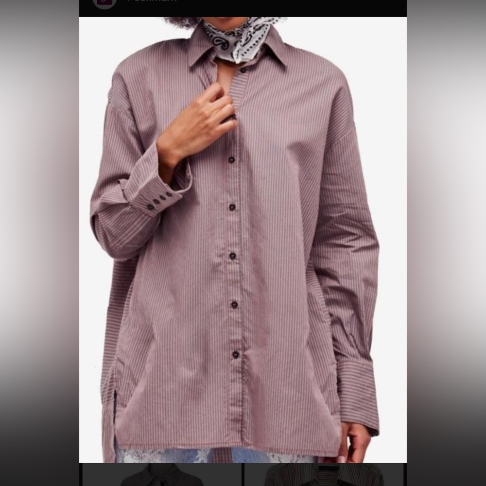 Free People Striped Button-Up Shirt in Dusty Pink and Charcoal